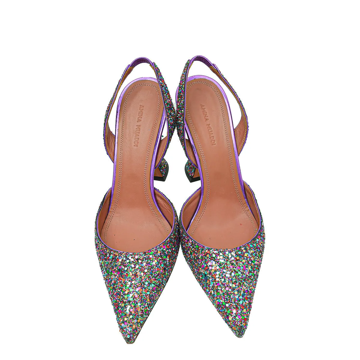 Amina Muaddi Metallic Purple Multicolor Glitter Holli Slingback Pumps 39
