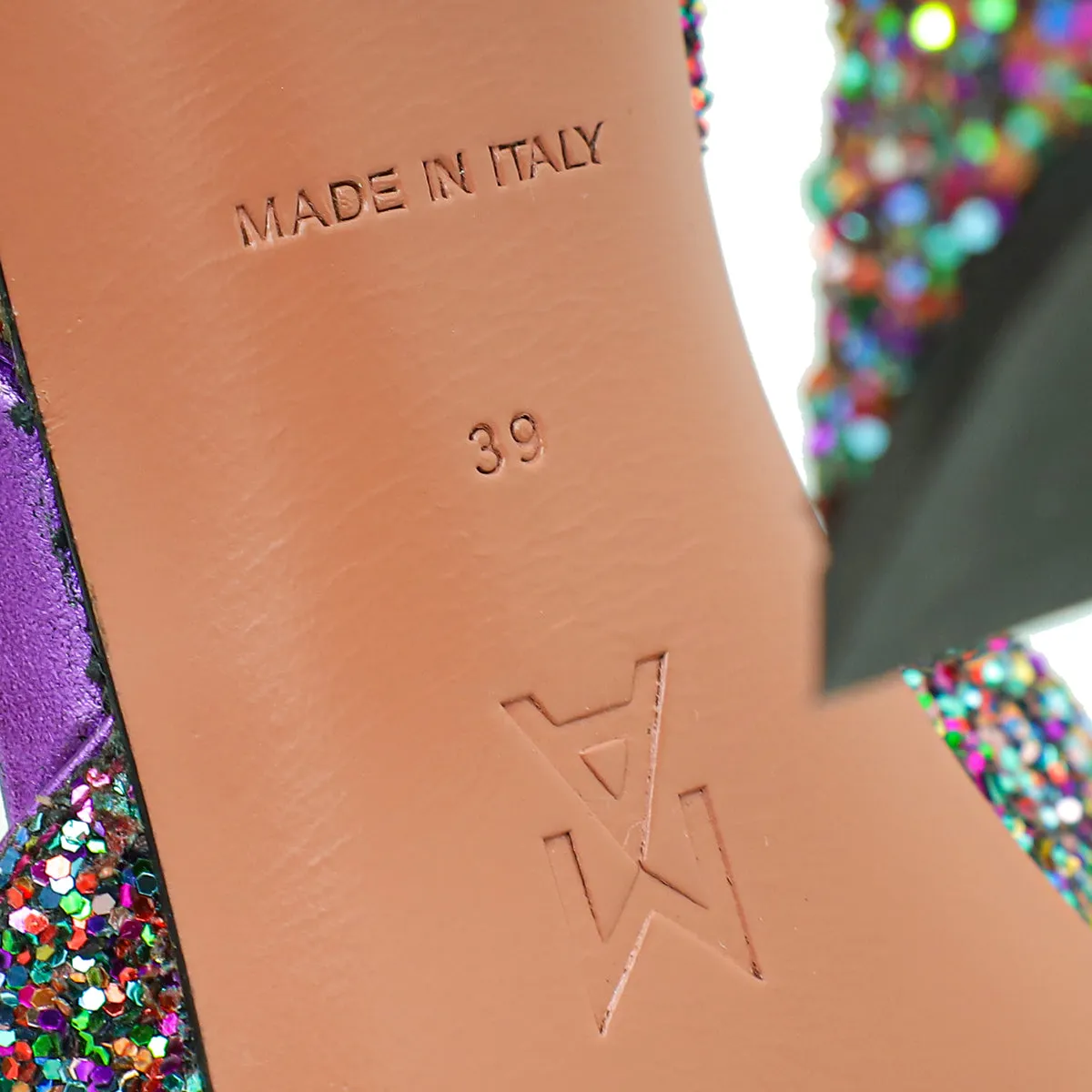Amina Muaddi Metallic Purple Multicolor Glitter Holli Slingback Pumps 39