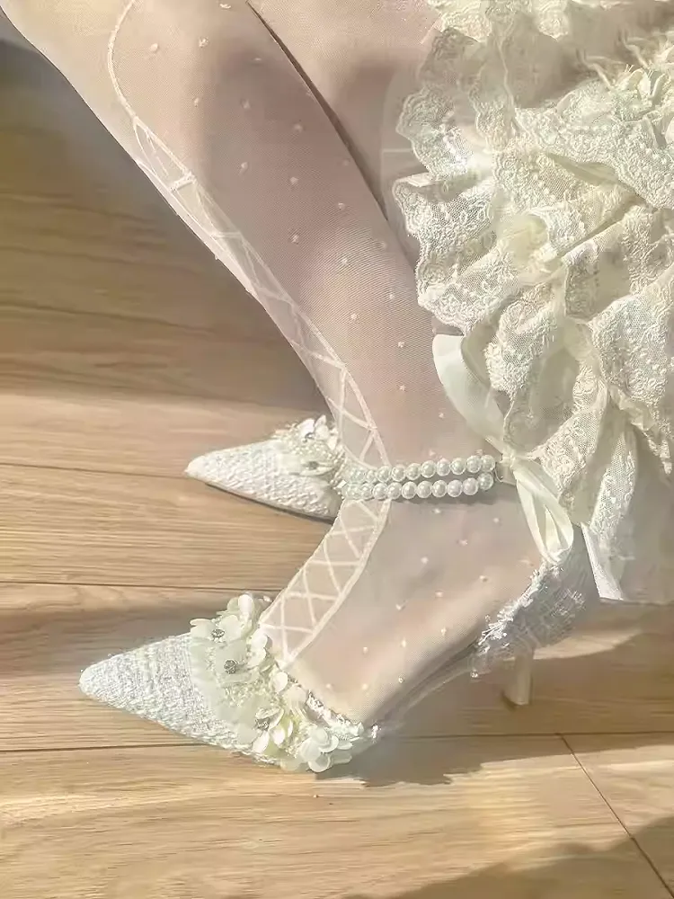 Beige Pointed Toe Floral High Heels with Beaded Chain