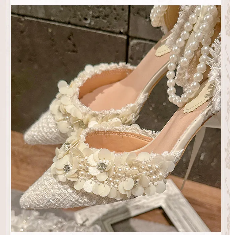 Beige Pointed Toe Floral High Heels with Beaded Chain