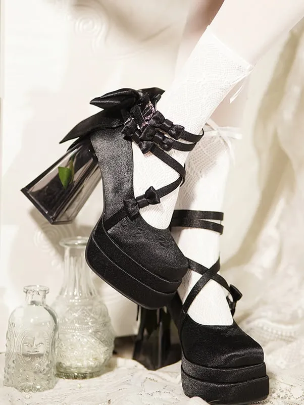 Black Camellia Flower High Block Heel Elegant Platform High Heels