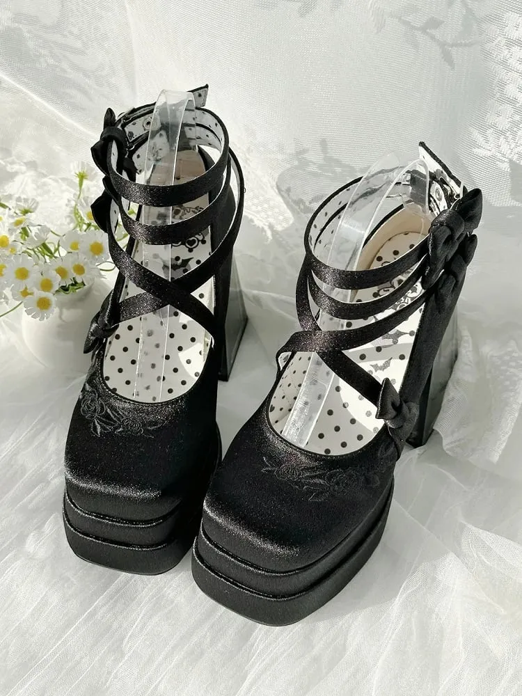 Black Camellia Flower High Block Heel Elegant Platform High Heels