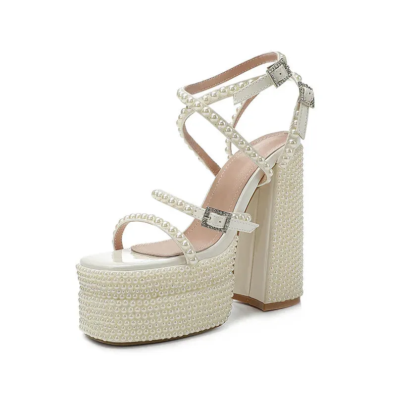 Elegant Hand-Inlaid Pearl Bow Platform Heels