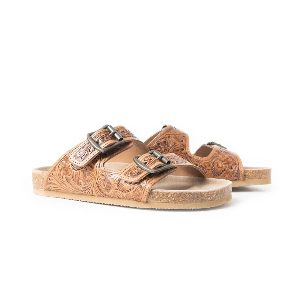 Falling Feather Tooled Leather Sandals