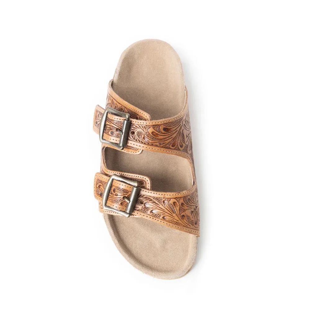 Falling Feather Tooled Leather Sandals