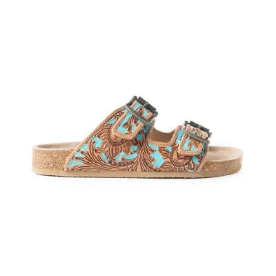Falling Feather Tooled Leather Sandals
