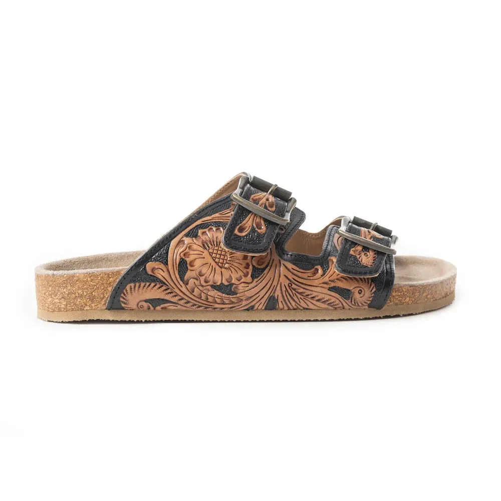 Falling Feather Tooled Leather Sandals