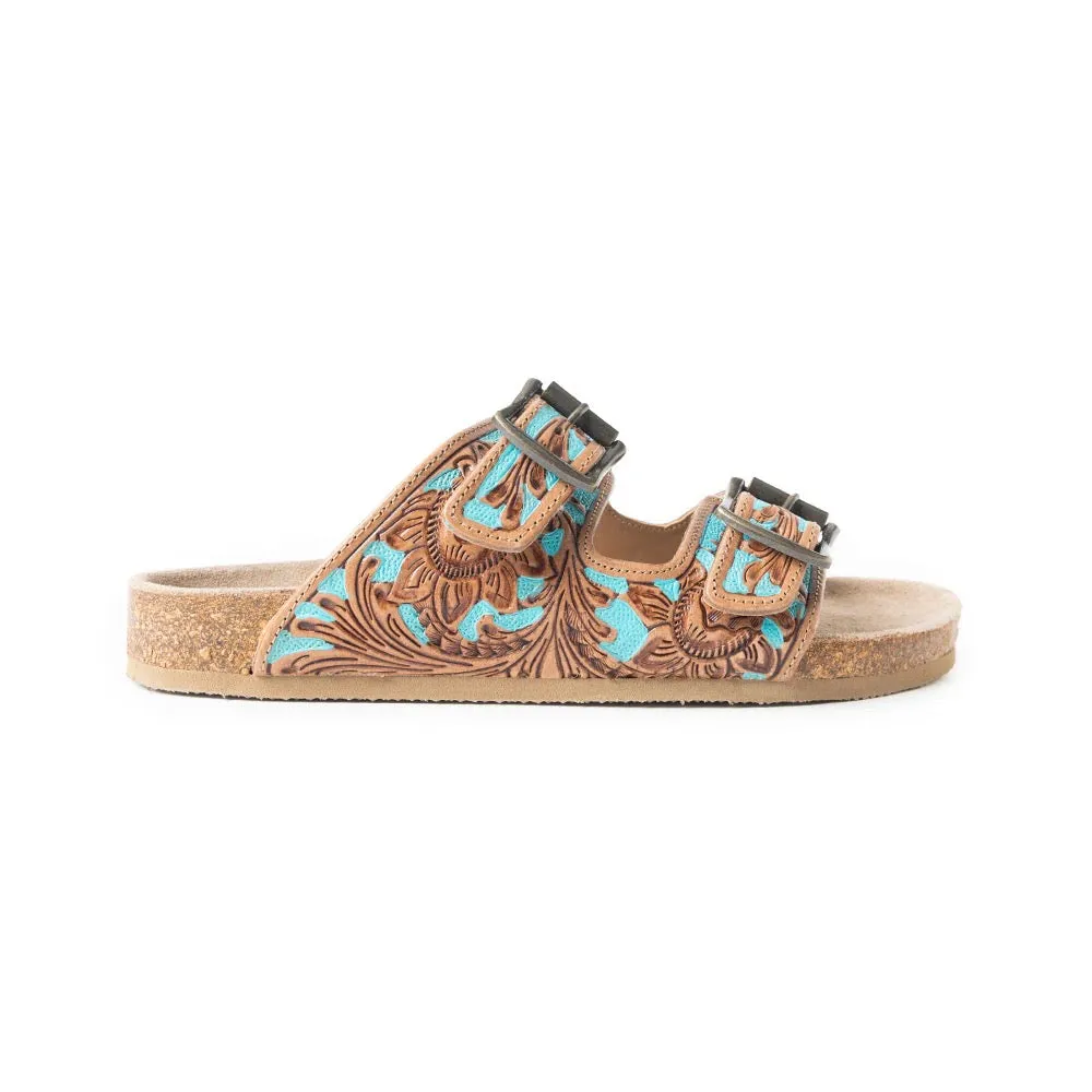 Falling Feather Tooled Leather Sandals