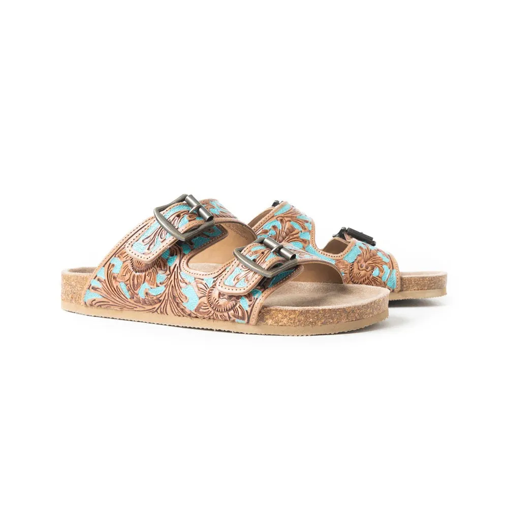 Falling Feather Tooled Leather Sandals
