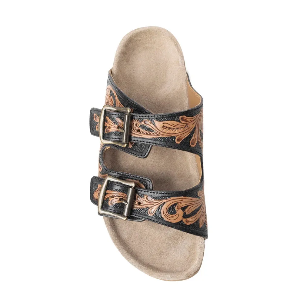 Falling Feather Tooled Leather Sandals