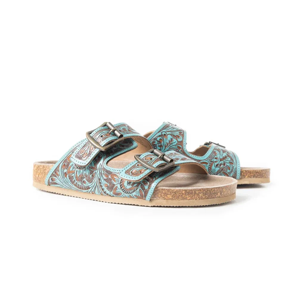 Falling Feather Tooled Leather Sandals