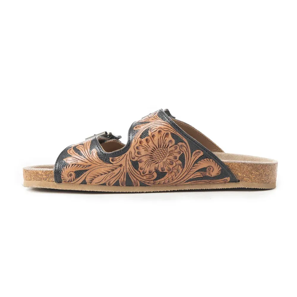Falling Feather Tooled Leather Sandals