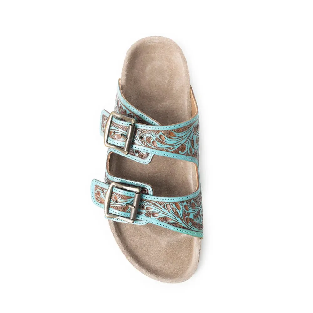 Falling Feather Tooled Leather Sandals