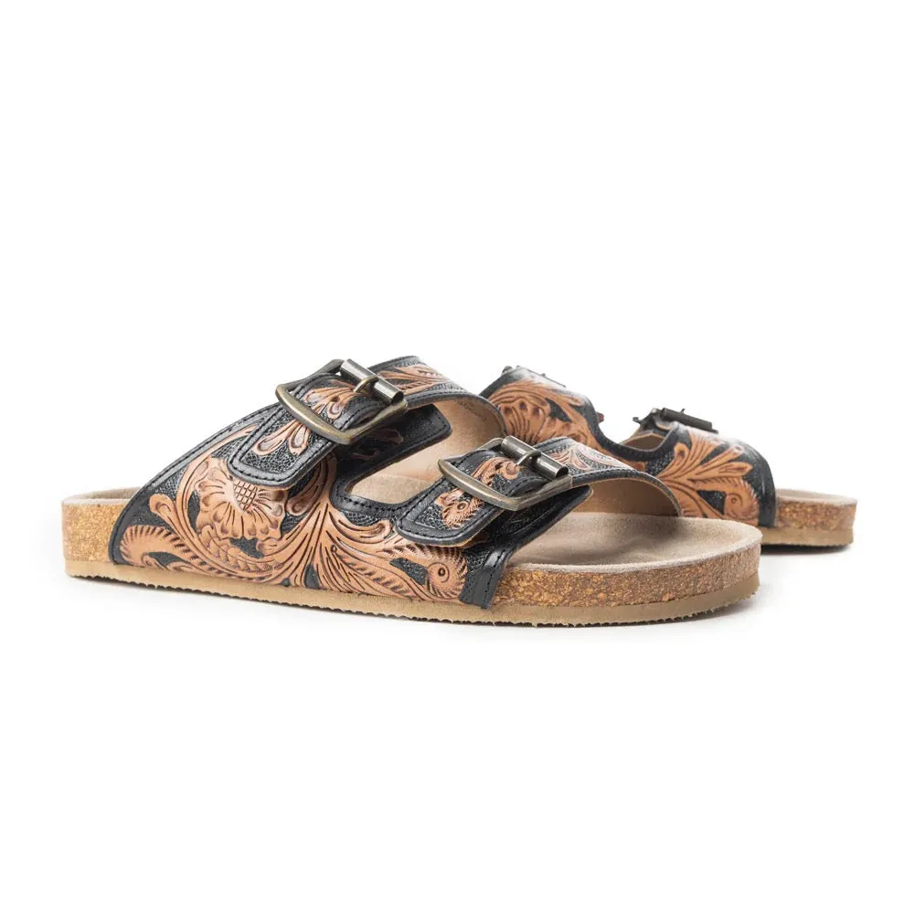 Falling Feather Tooled Leather Sandals