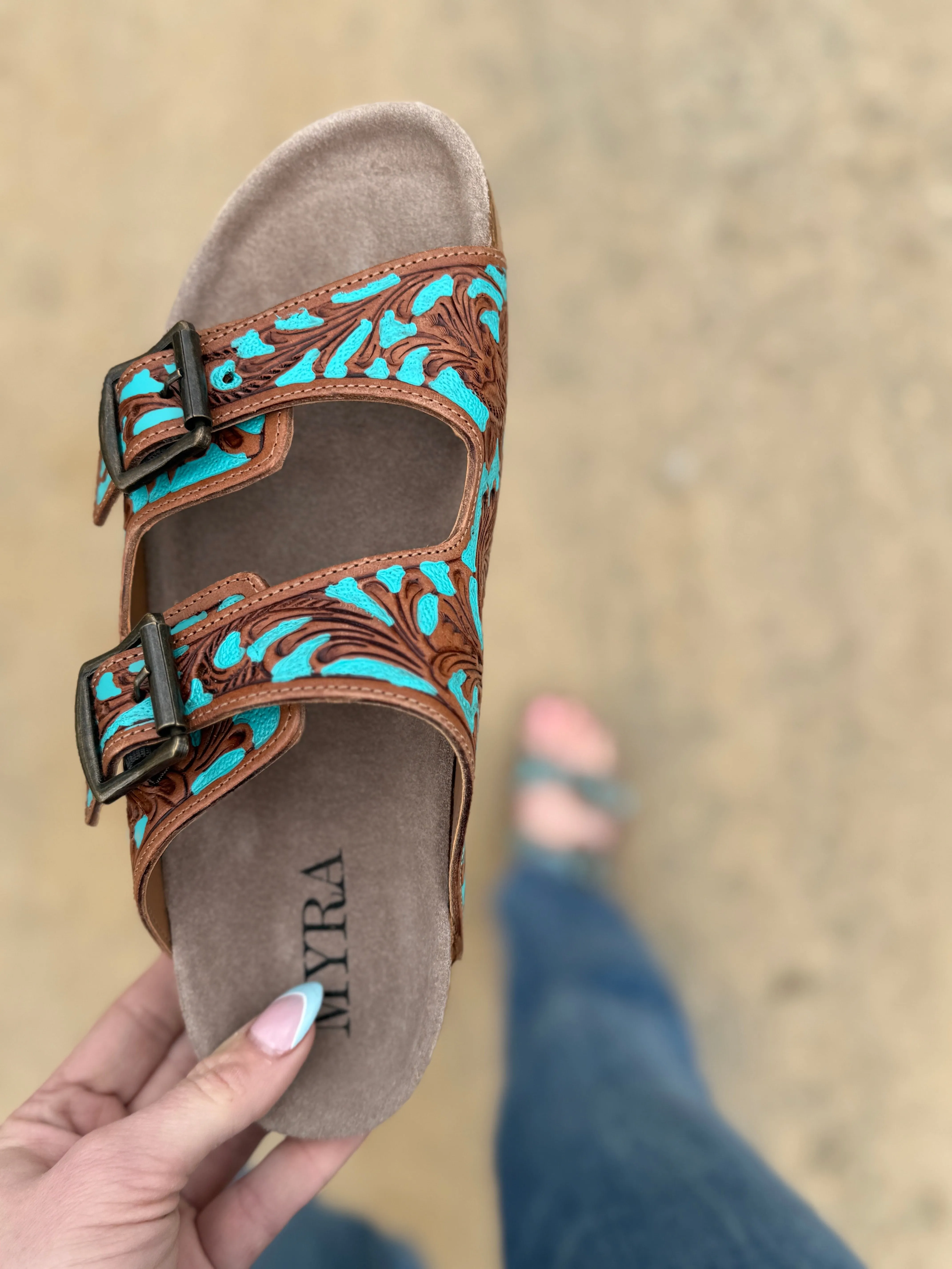 Falling Feather Tooled Leather Sandals