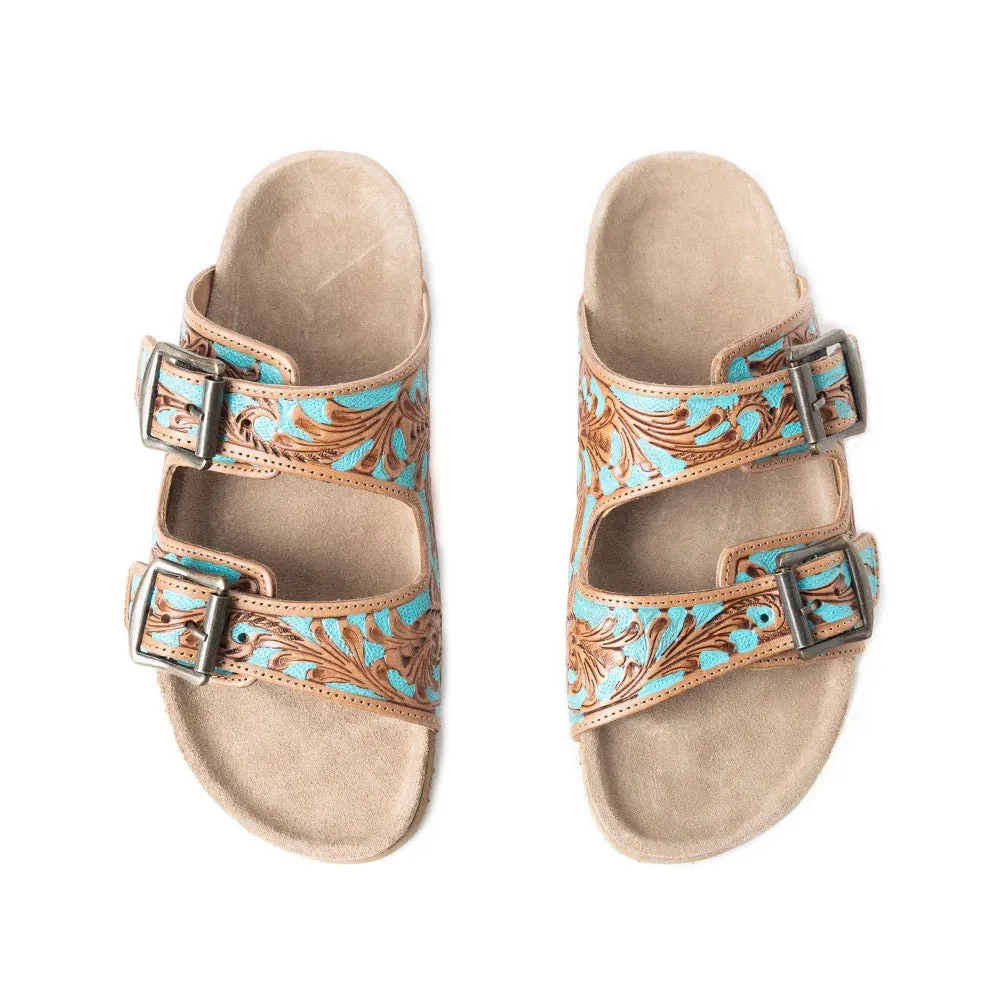 Falling Feather Tooled Leather Sandals