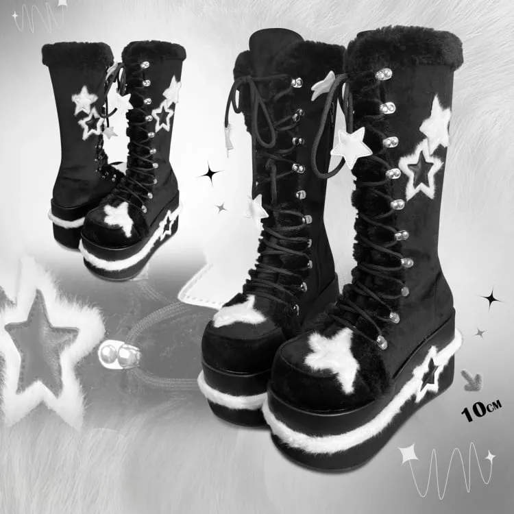 Fleece Star Patches Winter Black Platform Boots