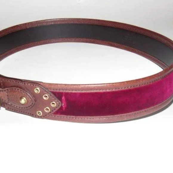 Gucci Brown Leather & Burgundy Velvet Belt w Brass Equestrian Buckle