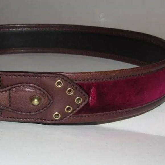 Gucci Brown Leather & Burgundy Velvet Belt w Brass Equestrian Buckle