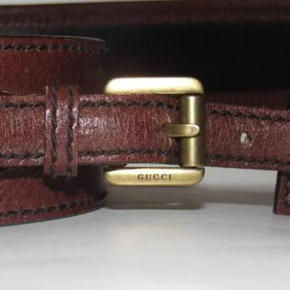 Gucci Brown Leather & Burgundy Velvet Belt w Brass Equestrian Buckle
