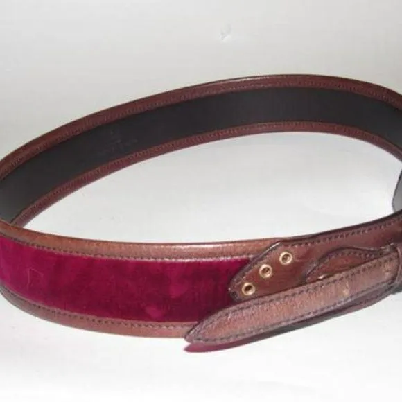 Gucci Brown Leather & Burgundy Velvet Belt w Brass Equestrian Buckle