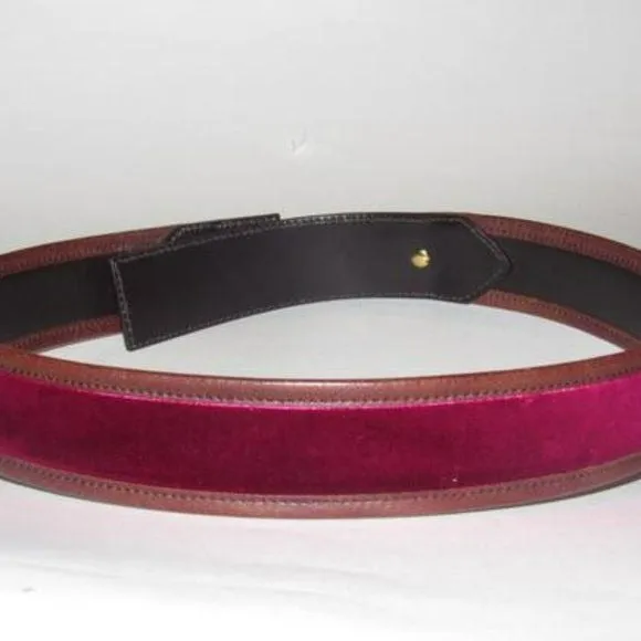 Gucci Brown Leather & Burgundy Velvet Belt w Brass Equestrian Buckle
