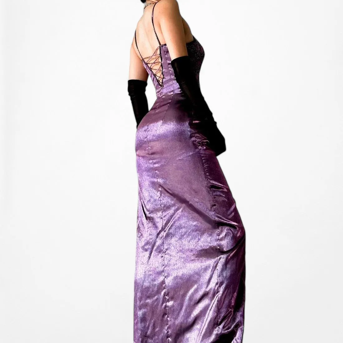 Purple Satin Beaded Maxi Slit Formal Prom Dress Size S