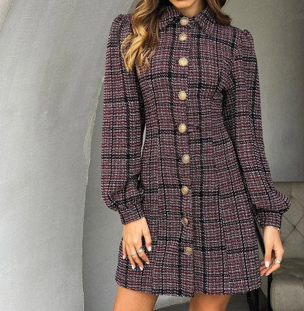 Retro Lapel Puff Sleeve Waist Slim Dress