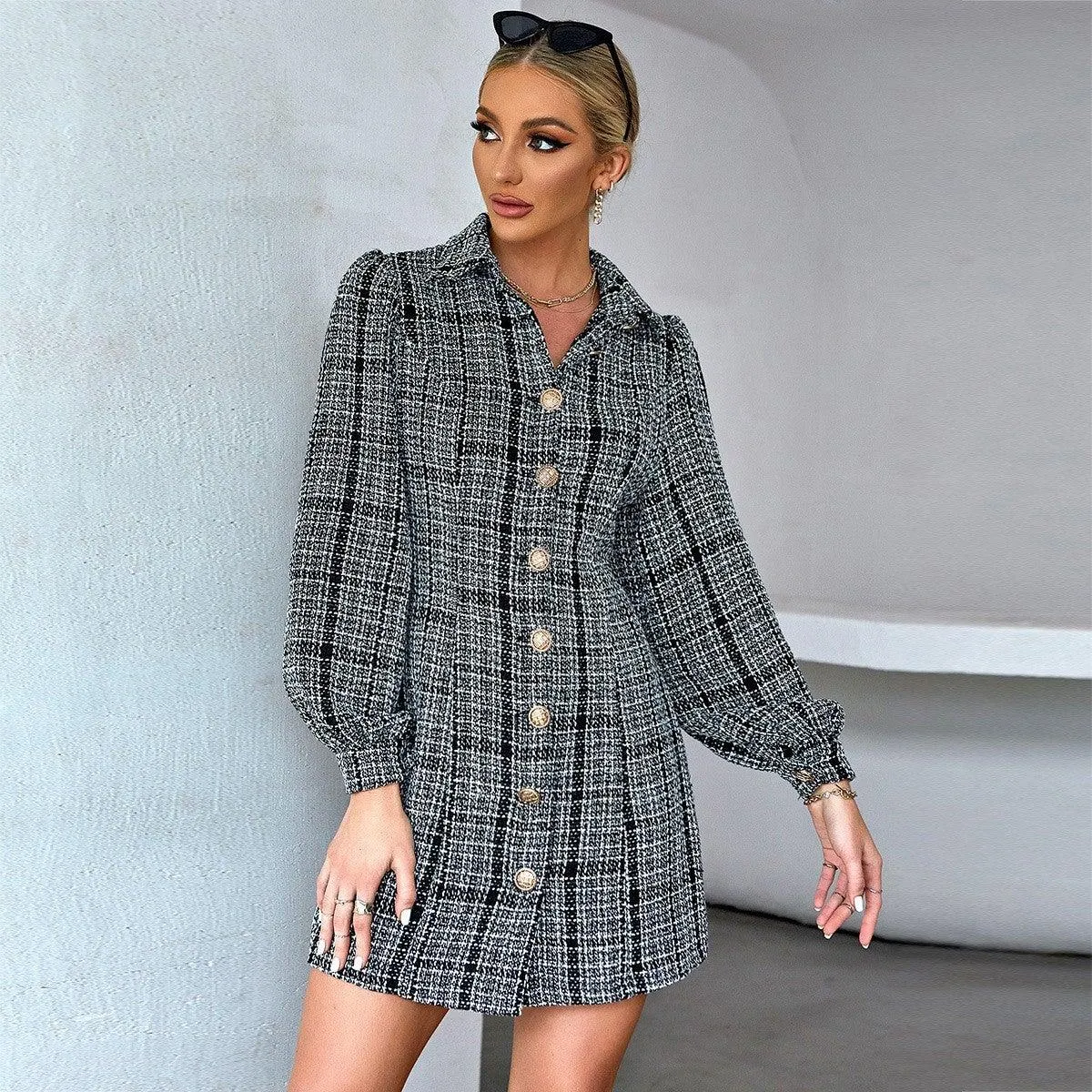 Retro Lapel Puff Sleeve Waist Slim Dress