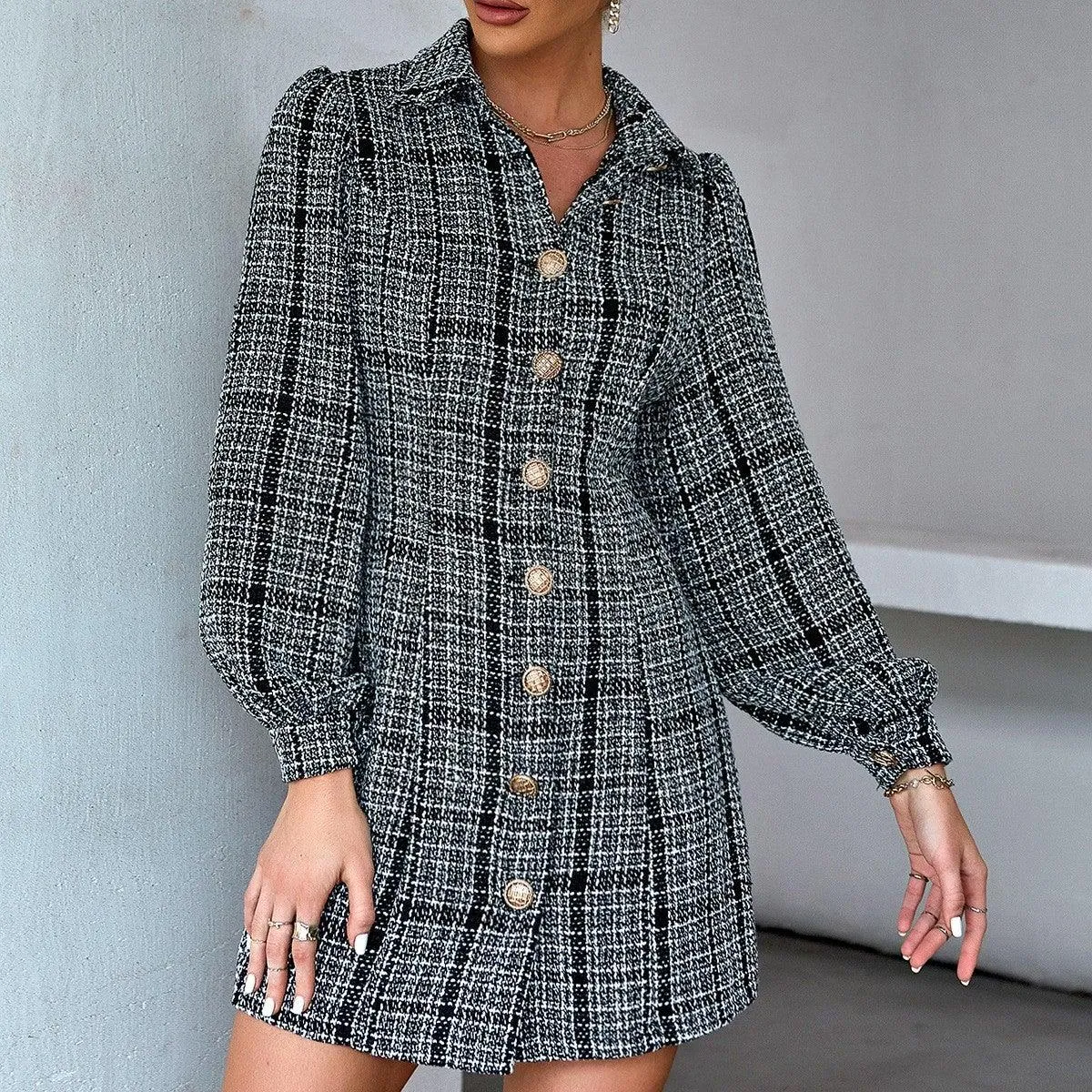 Retro Lapel Puff Sleeve Waist Slim Dress