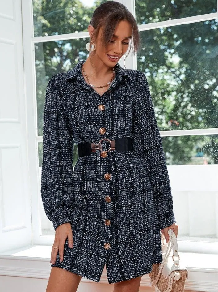Retro Lapel Puff Sleeve Waist Slim Dress