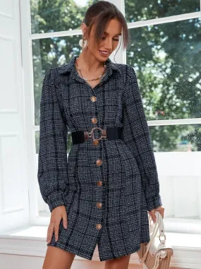 Retro Lapel Puff Sleeve Waist Slim Dress