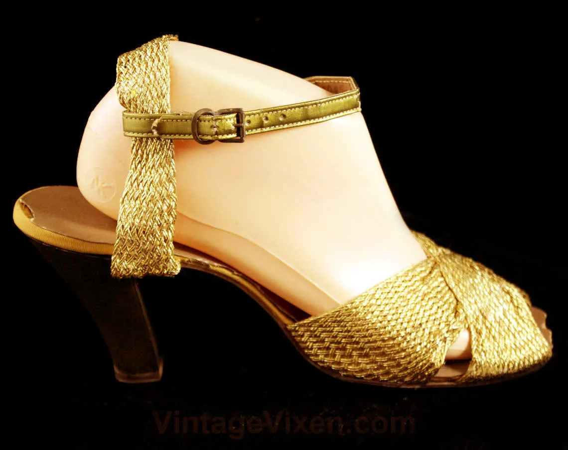 Size 5.5 Shoes - Hollywood Style 1950s Gold Sandals - 5 1/2 Glamour Girl Pin Up Starlet Evening Metallic Open Toe Shoes - 50s NOS Deadstock