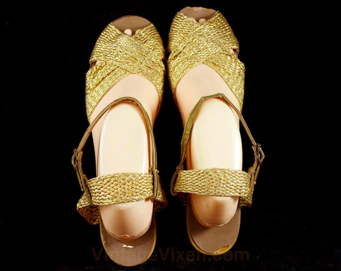 Size 5.5 Shoes - Hollywood Style 1950s Gold Sandals - 5 1/2 Glamour Girl Pin Up Starlet Evening Metallic Open Toe Shoes - 50s NOS Deadstock