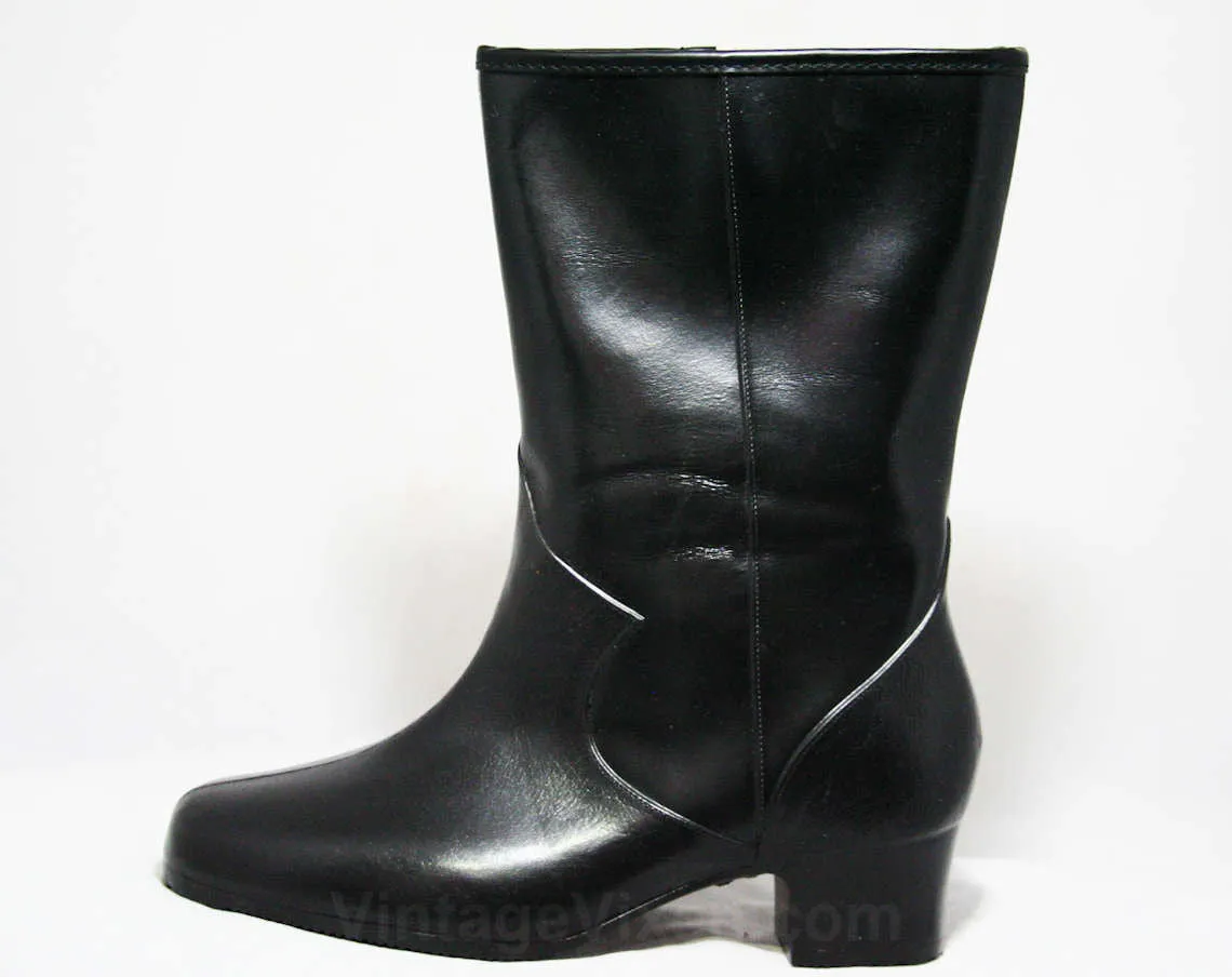 Size 6 WW Black Boots - Victorian Inspired - Authentic 1950s Deadstock - Waterproof Vinyl - Fleece Lined Winter Shoe - 50s Ladies Wide Width
