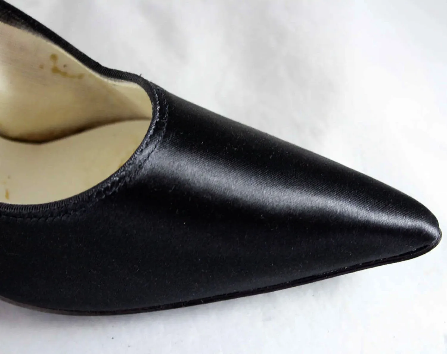 Size 7 1/2 Black High Heel Shoes - 1950s Glossy Satin Stilettos - Elegant 50s Pointed Toe 4-Inch Heel - Mid Century Cocktail Evening - 7.5 M
