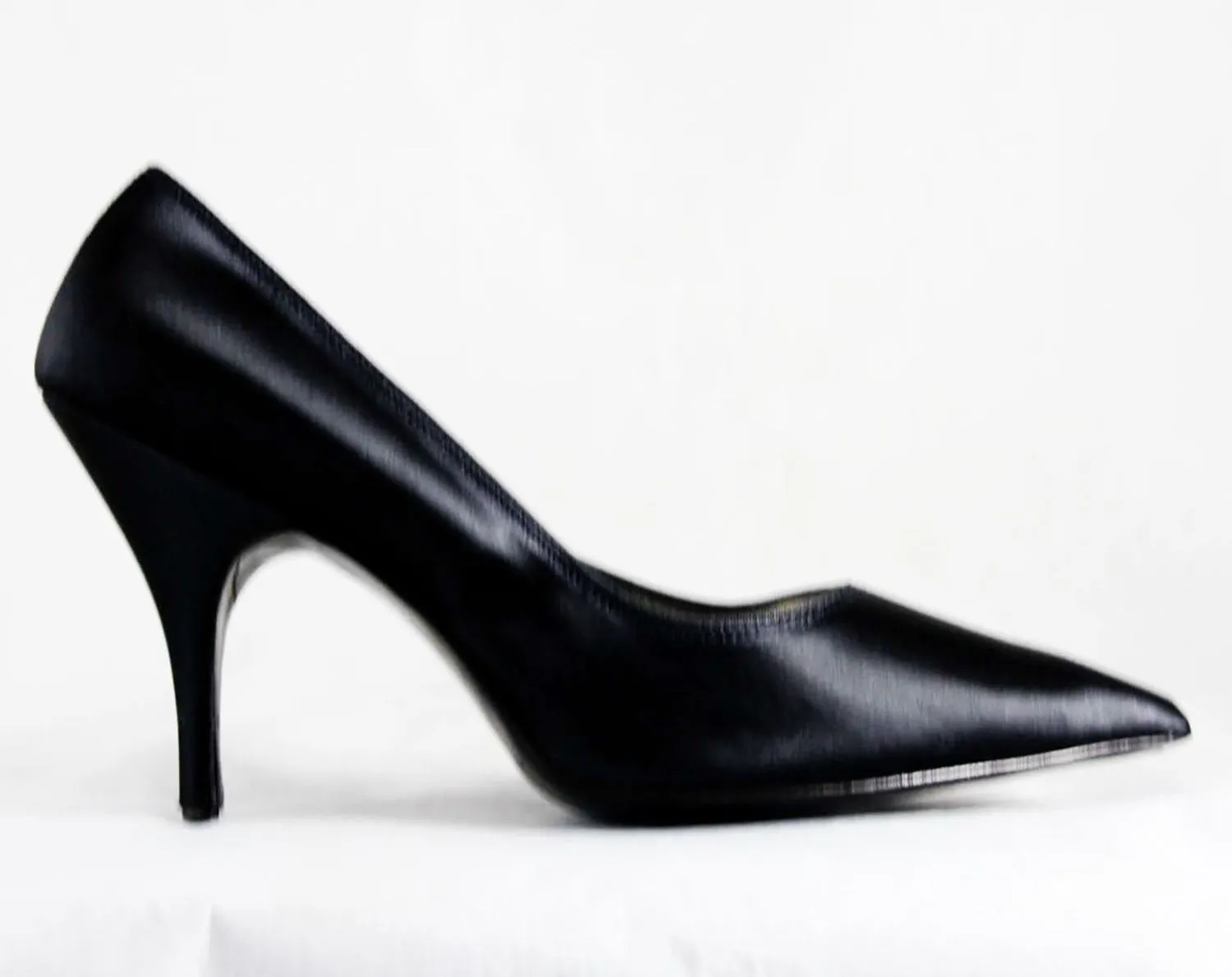 Size 7 1/2 Black High Heel Shoes - 1950s Glossy Satin Stilettos - Elegant 50s Pointed Toe 4-Inch Heel - Mid Century Cocktail Evening - 7.5 M