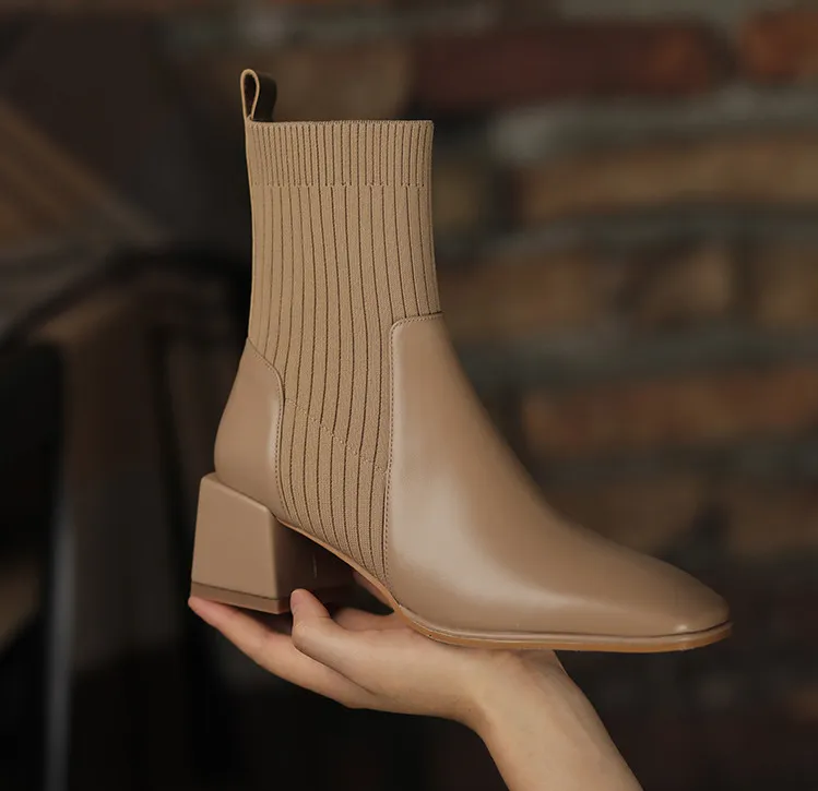 Women's Knitted Ankle Sock Boots – Elegant Chunky Heel Square Toe Booties